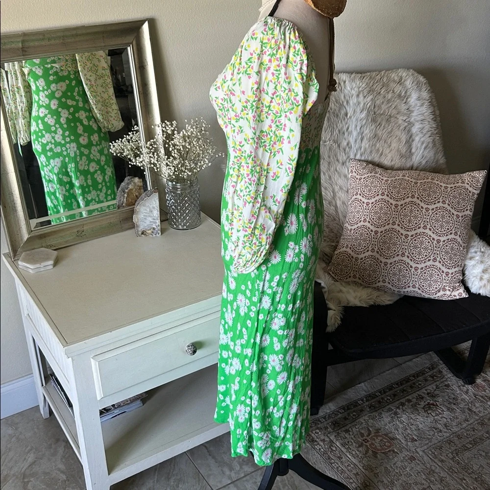 Rixo X target Vtg 70’s green floral spring puff balloon sleeve midi dress S/M 4 - Picture 6 of 11